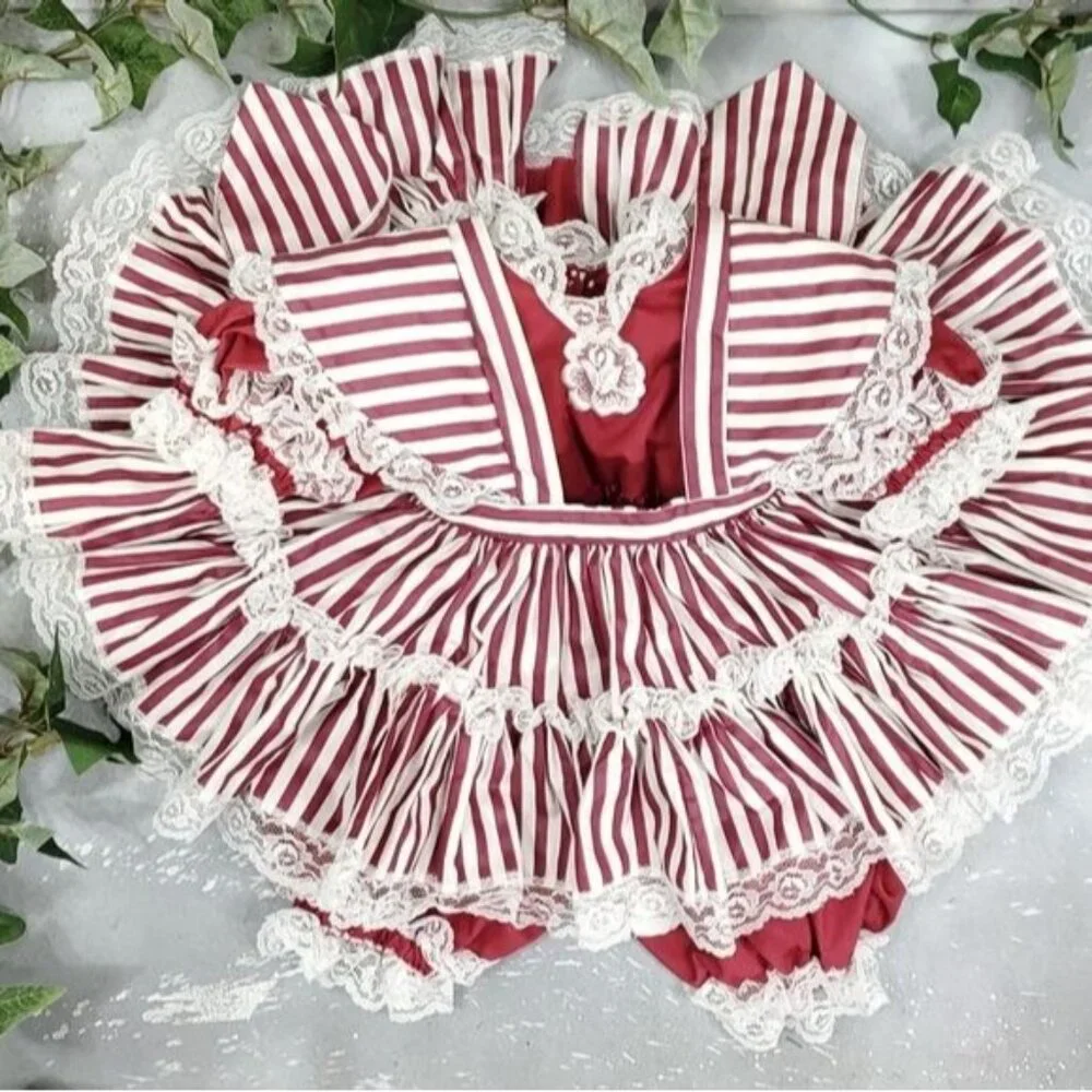 Vintage Lace Full Circle Pinafore Dress Bloomer Set Red Stripe Holiday Twirl - Picture 2 of 10